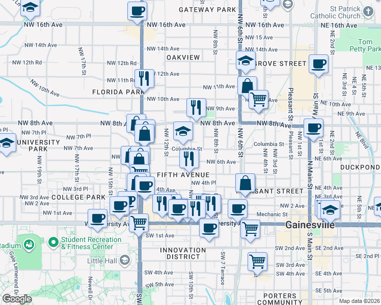 map of restaurants, bars, coffee shops, grocery stores, and more near 711 Northwest 10th Street in Gainesville