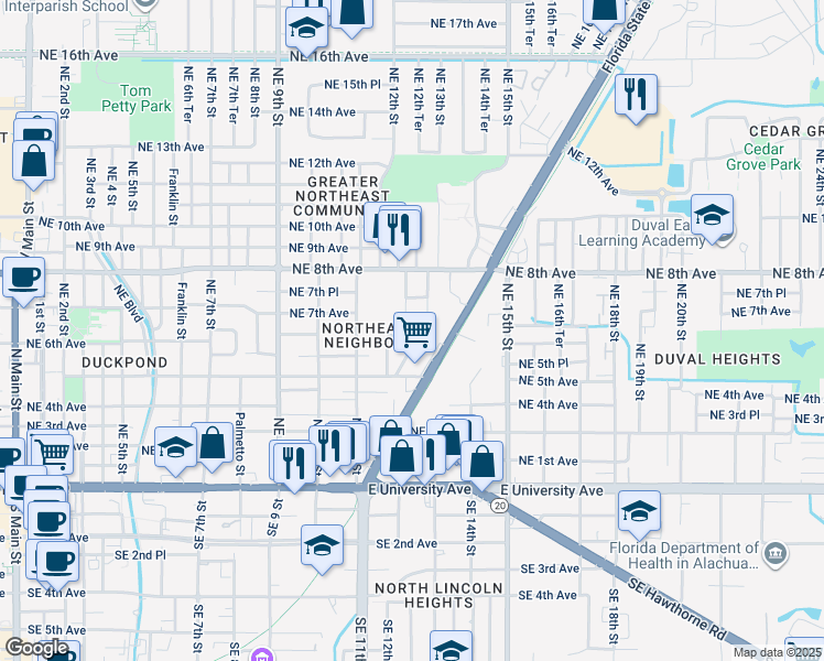 map of restaurants, bars, coffee shops, grocery stores, and more near 1234 Northeast 6th Avenue in Gainesville