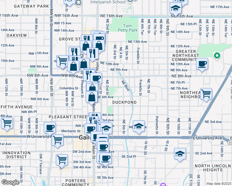map of restaurants, bars, coffee shops, grocery stores, and more near 302 Northeast 6th Avenue in Gainesville