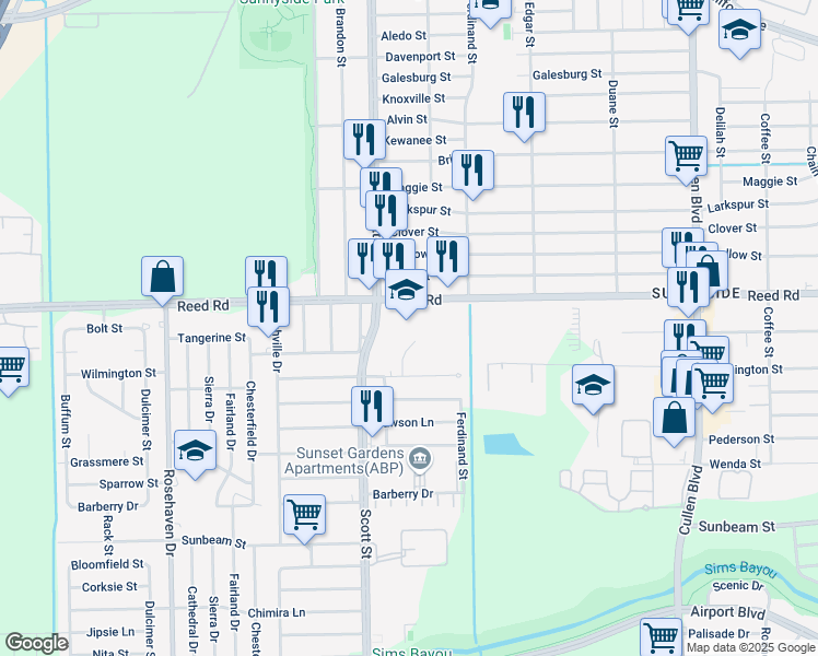 map of restaurants, bars, coffee shops, grocery stores, and more near 9215 Scott Street in Houston