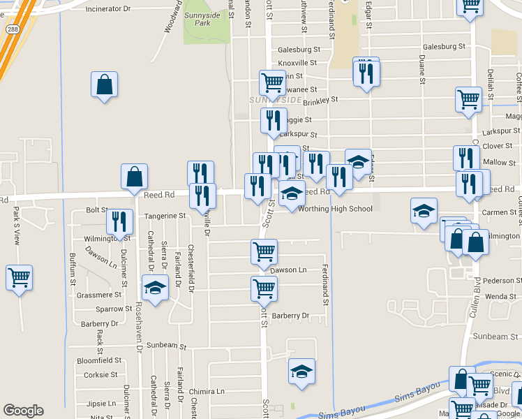 map of restaurants, bars, coffee shops, grocery stores, and more near 9234 Culver St in Houston