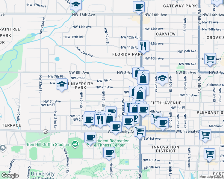 map of restaurants, bars, coffee shops, grocery stores, and more near 1626 Northwest 7th Avenue in Gainesville