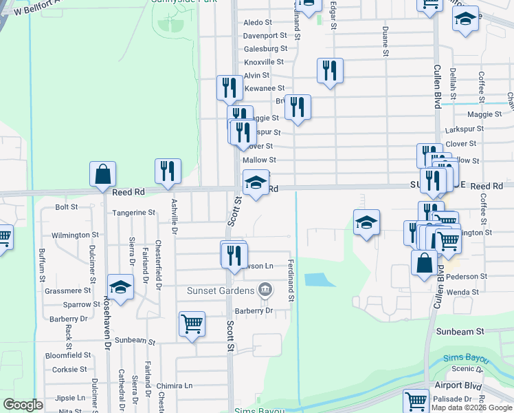 map of restaurants, bars, coffee shops, grocery stores, and more near 4100 Reed Road in Houston