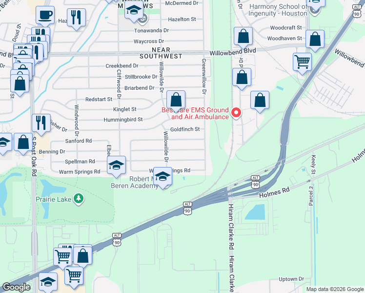 map of restaurants, bars, coffee shops, grocery stores, and more near 4410 Sanford Road in Houston