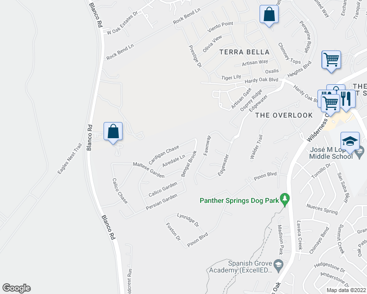 map of restaurants, bars, coffee shops, grocery stores, and more near 23227 Cardigan Chase in San Antonio