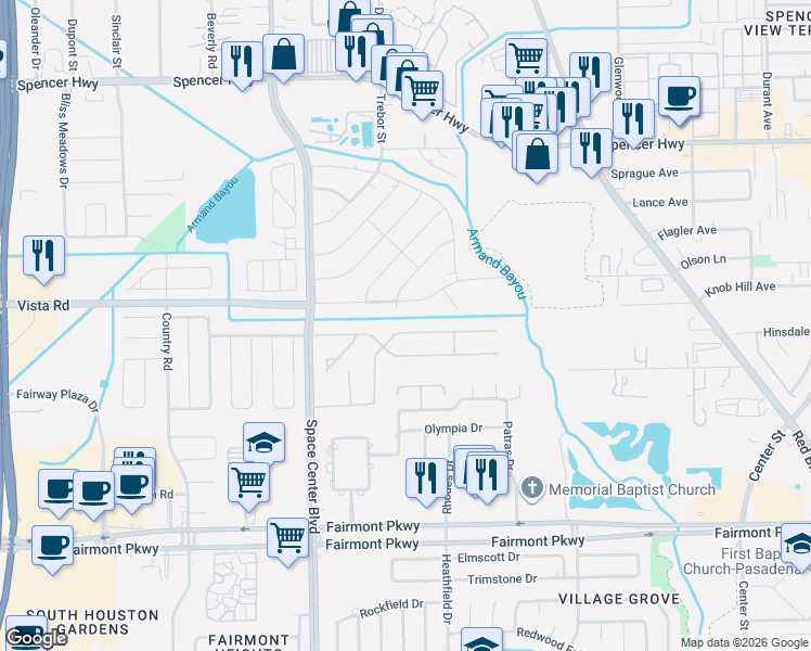 map of restaurants, bars, coffee shops, grocery stores, and more near 6418 Olson Lane in Pasadena