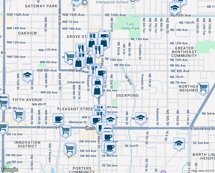 map of restaurants, bars, coffee shops, grocery stores, and more near 703 Northeast 2 Street in Gainesville