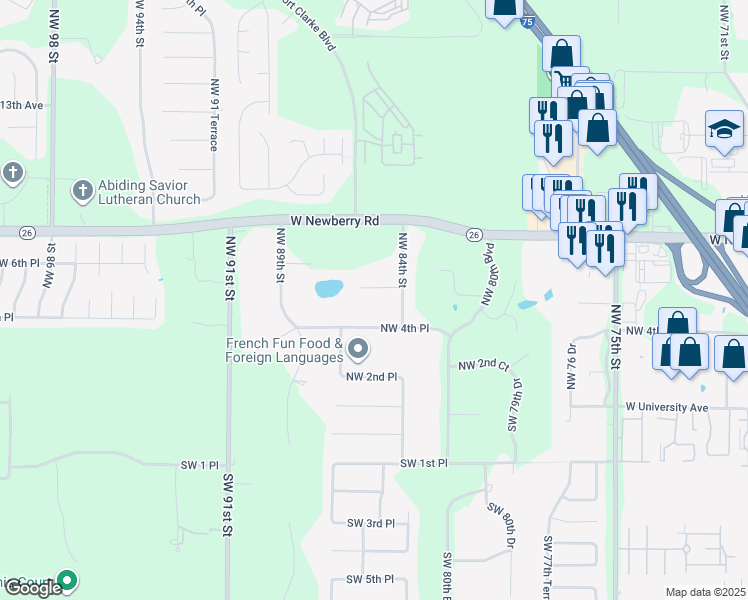 map of restaurants, bars, coffee shops, grocery stores, and more near 8436 Northwest 6 Avenue in Gainesville