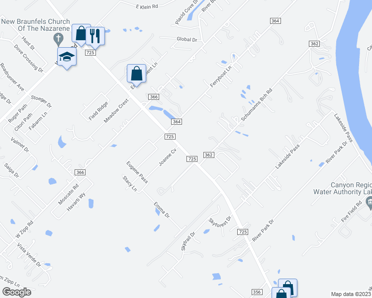 map of restaurants, bars, coffee shops, grocery stores, and more near 2417 Farm to Market Road 725 in New Braunfels