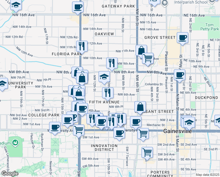 map of restaurants, bars, coffee shops, grocery stores, and more near 711 Northwest 10th Street in Gainesville