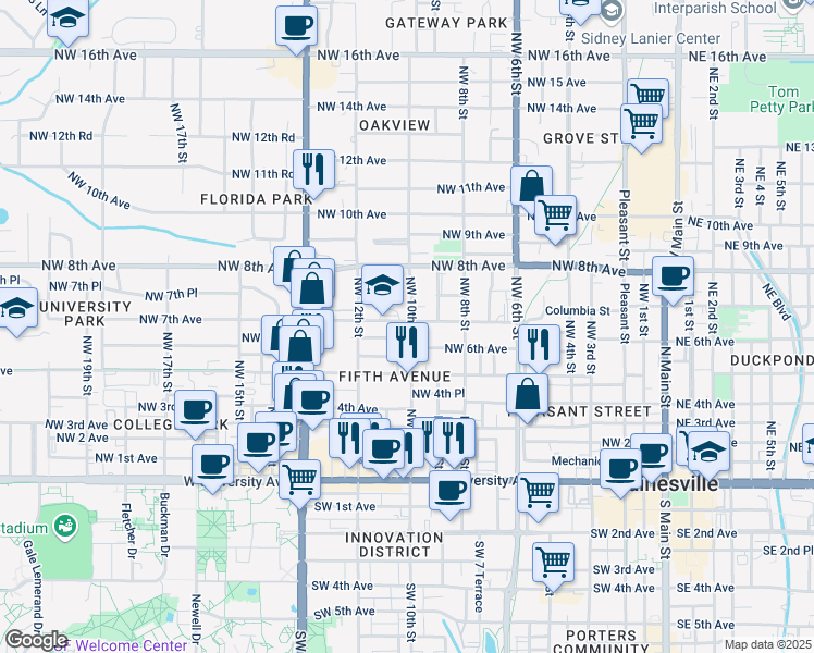 map of restaurants, bars, coffee shops, grocery stores, and more near 1009 Northwest 7th Avenue in Gainesville