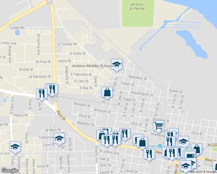 map of restaurants, bars, coffee shops, grocery stores, and more near 1920 Washington Street in Palatka