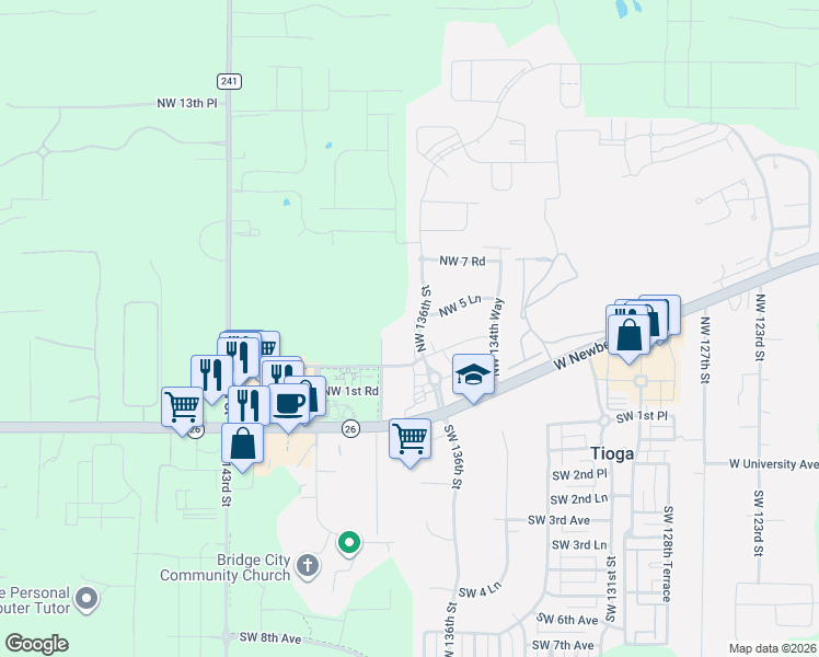 map of restaurants, bars, coffee shops, grocery stores, and more near 552 Northwest 136th Street in Newberry