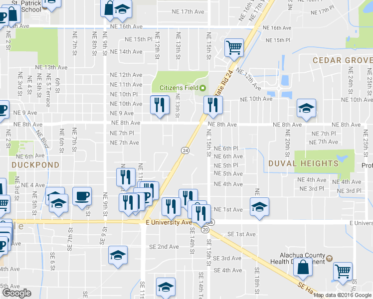 map of restaurants, bars, coffee shops, grocery stores, and more near 655 Northeast Waldo Road in Gainesville