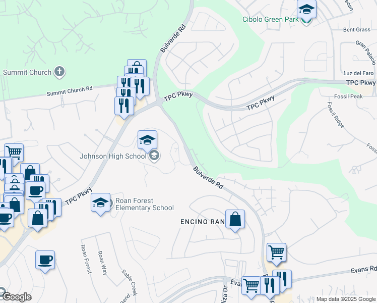 map of restaurants, bars, coffee shops, grocery stores, and more near 22810 Bulverde Road in San Antonio