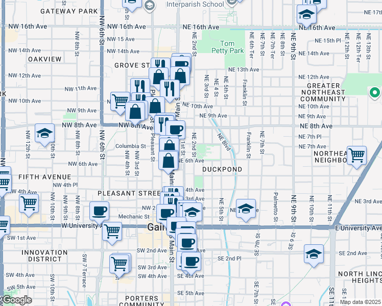 map of restaurants, bars, coffee shops, grocery stores, and more near 703 Northeast 2 Street in Gainesville