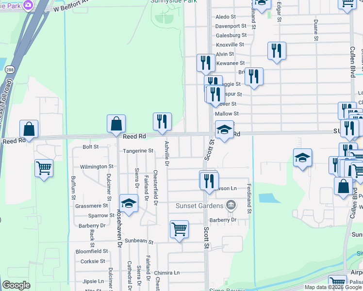 map of restaurants, bars, coffee shops, grocery stores, and more near 3646 Reed Road in Houston