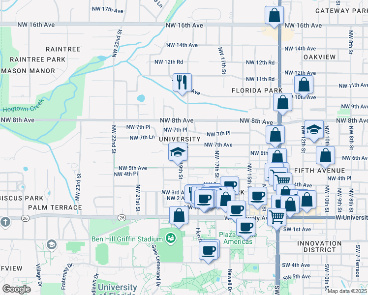 map of restaurants, bars, coffee shops, grocery stores, and more near 1822 Northwest 7th Avenue in Gainesville