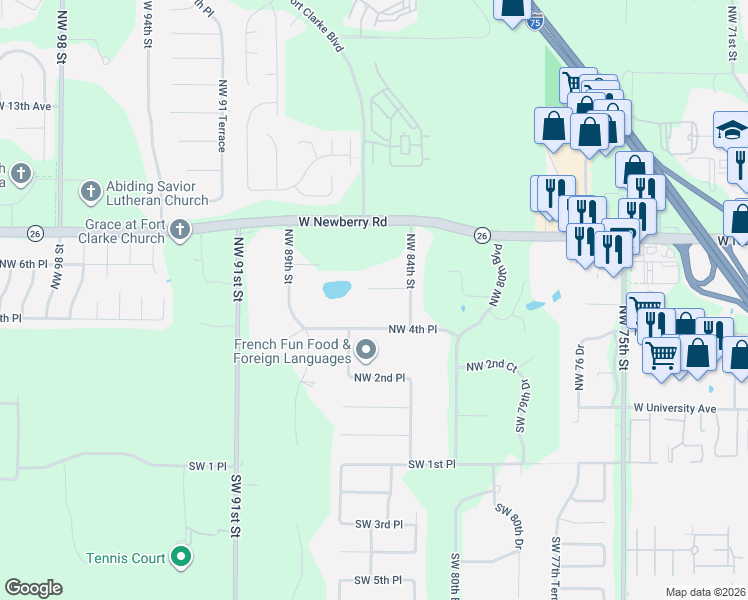 map of restaurants, bars, coffee shops, grocery stores, and more near 8436 Northwest 6 Avenue in Gainesville