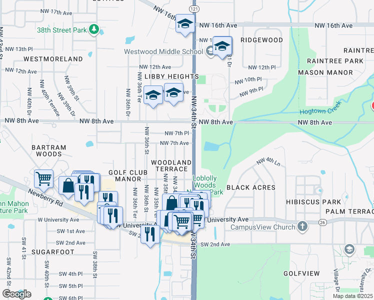 map of restaurants, bars, coffee shops, grocery stores, and more near in Gainesville