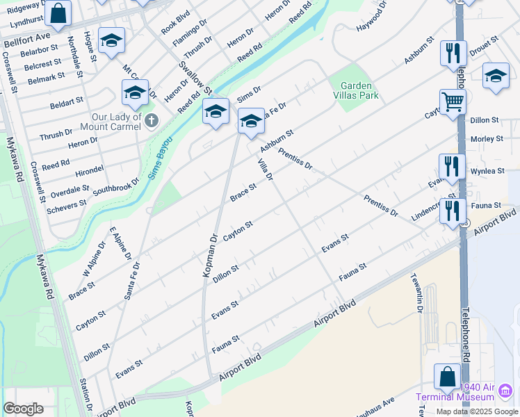 map of restaurants, bars, coffee shops, grocery stores, and more near 7155 Cayton Street in Houston