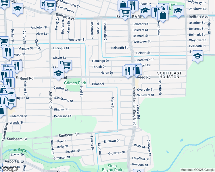 map of restaurants, bars, coffee shops, grocery stores, and more near 8611 Sharondale Drive in Houston