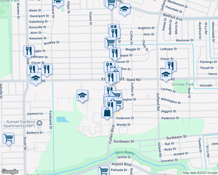 map of restaurants, bars, coffee shops, grocery stores, and more near 4600 Reed Road in Houston