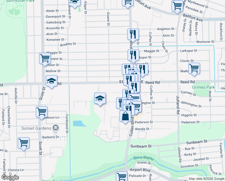 map of restaurants, bars, coffee shops, grocery stores, and more near 4600 Reed Road in Houston