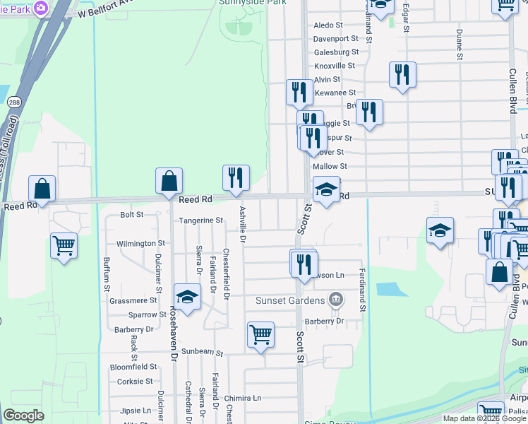 map of restaurants, bars, coffee shops, grocery stores, and more near 3646 Reed Road in Houston
