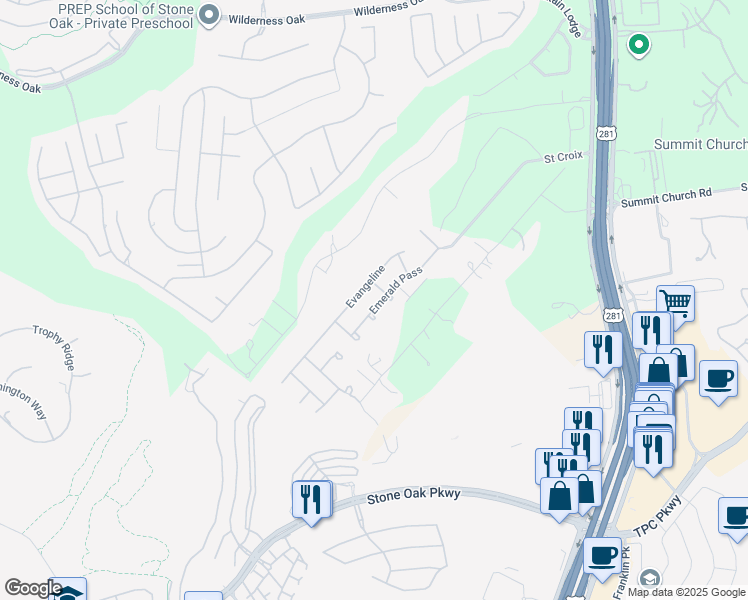 map of restaurants, bars, coffee shops, grocery stores, and more near 23106 Evangeline in San Antonio