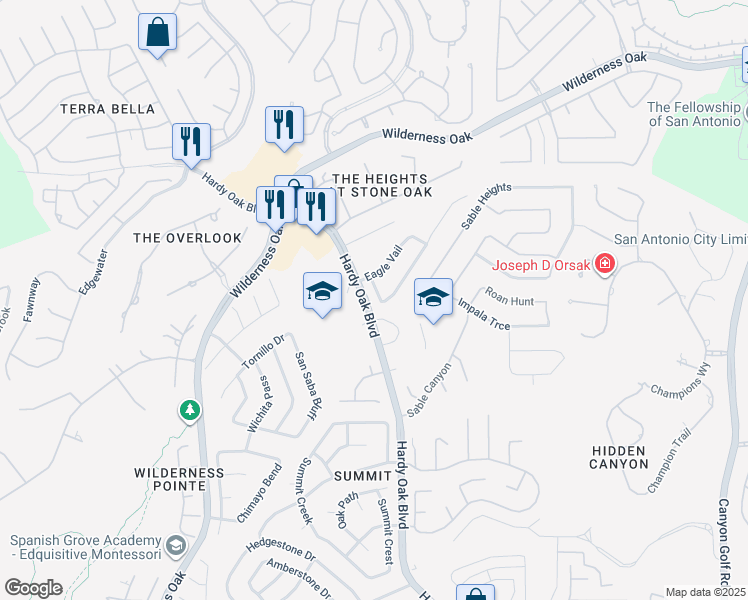 map of restaurants, bars, coffee shops, grocery stores, and more near 23226 Kaitlyn Canyon in San Antonio