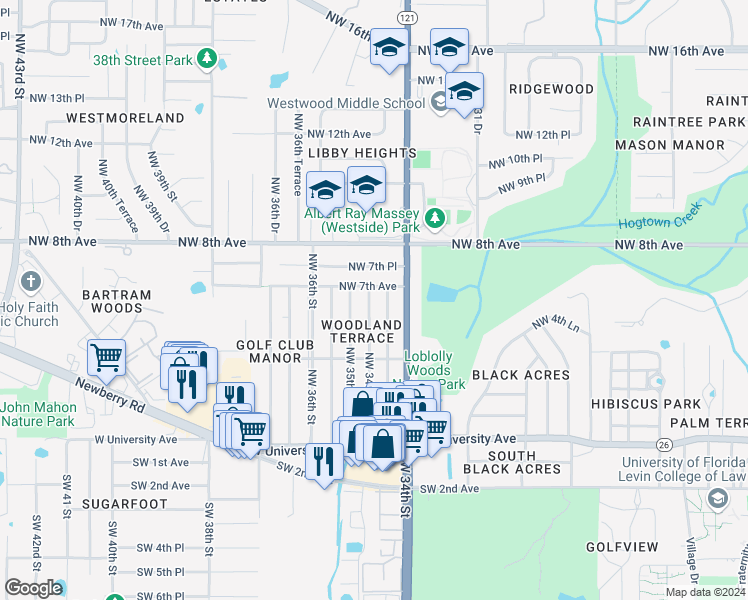 map of restaurants, bars, coffee shops, grocery stores, and more near 631 Northwest 34th Drive in Gainesville