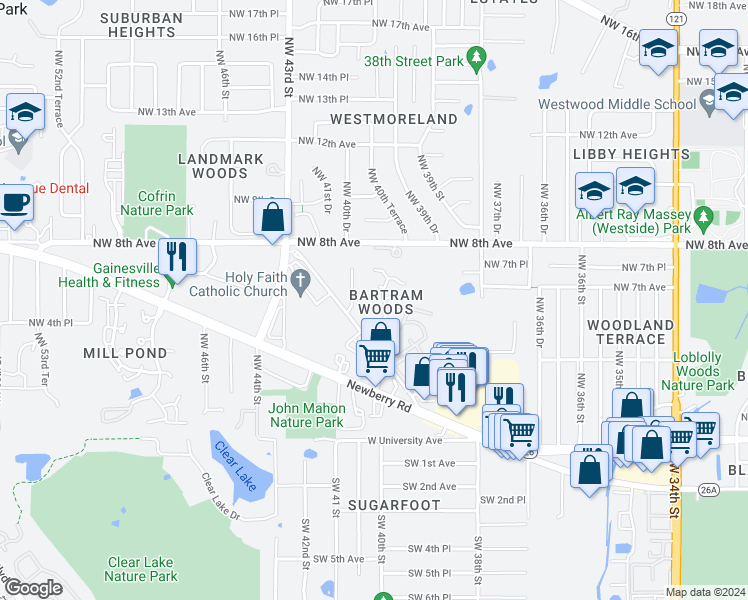 map of restaurants, bars, coffee shops, grocery stores, and more near 610 Northwest 39th Drive in Gainesville