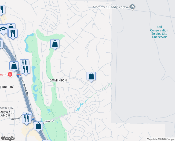 map of restaurants, bars, coffee shops, grocery stores, and more near 3 Courtenay Lane in San Antonio