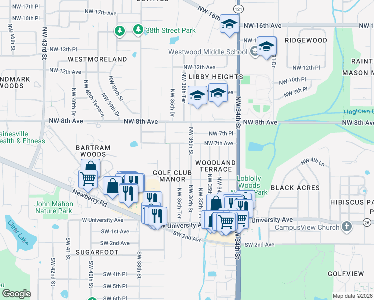 map of restaurants, bars, coffee shops, grocery stores, and more near 3612 Northwest 7th Avenue in Gainesville