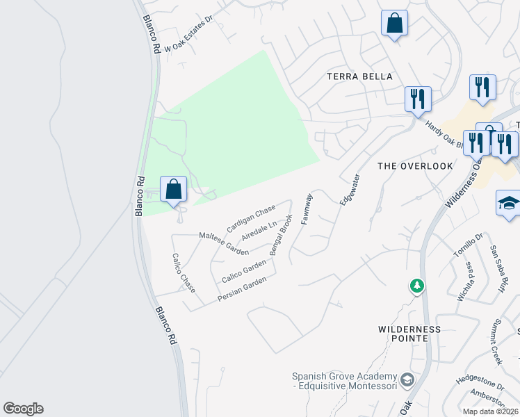 map of restaurants, bars, coffee shops, grocery stores, and more near 23135 Cardigan Chase in San Antonio