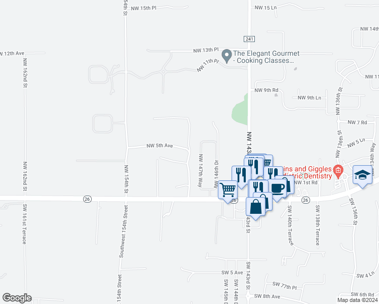 map of restaurants, bars, coffee shops, grocery stores, and more near 700 Northwest 148 Terrace in Newberry