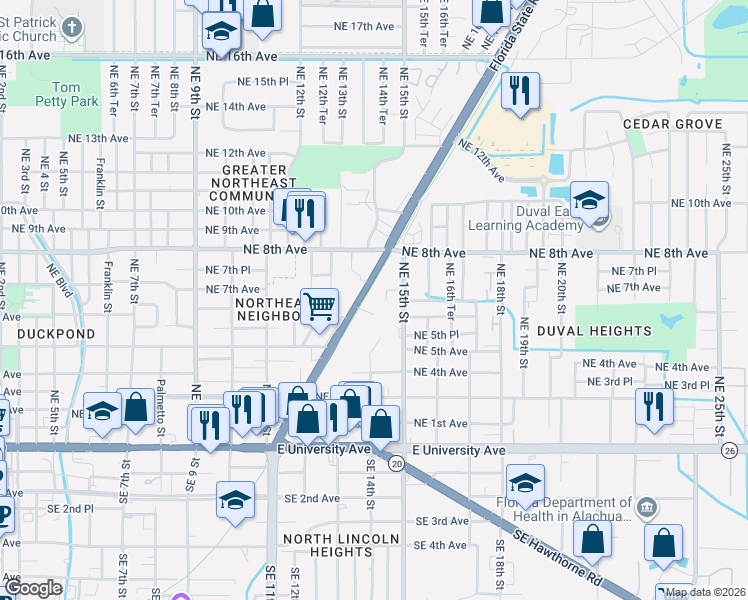 map of restaurants, bars, coffee shops, grocery stores, and more near 655 Northeast Waldo Road in Gainesville