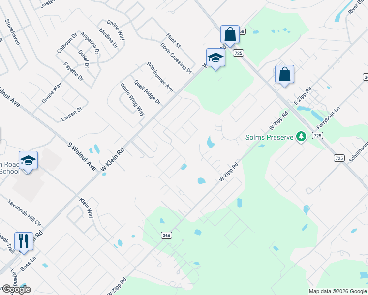 map of restaurants, bars, coffee shops, grocery stores, and more near 342 Benelli Drive in New Braunfels