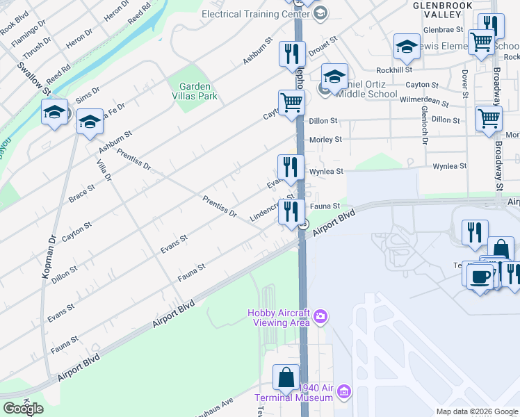 map of restaurants, bars, coffee shops, grocery stores, and more near 7330 Evans Street in Houston