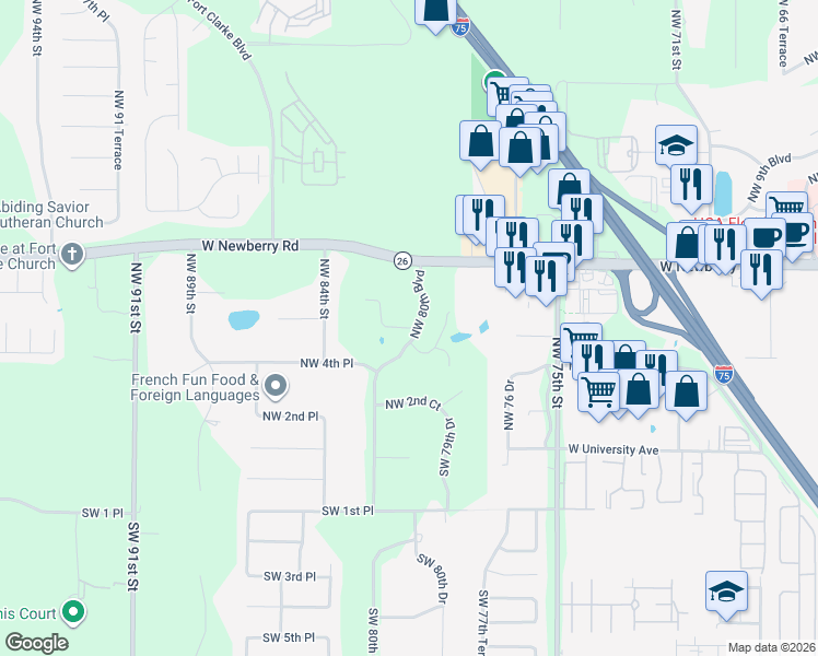map of restaurants, bars, coffee shops, grocery stores, and more near 600 Northwest 80th Boulevard in Gainesville