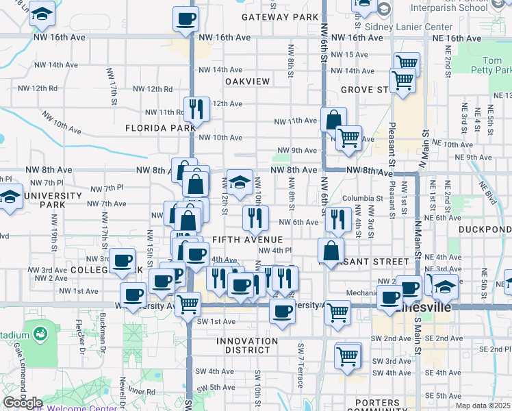 map of restaurants, bars, coffee shops, grocery stores, and more near 1005 Northwest 7th Avenue in Gainesville