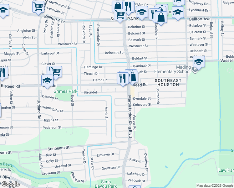 map of restaurants, bars, coffee shops, grocery stores, and more near 8606 Vinearbor Street in Houston