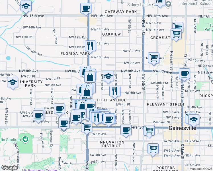 map of restaurants, bars, coffee shops, grocery stores, and more near 1111 Northwest 7 Avenue in Gainesville