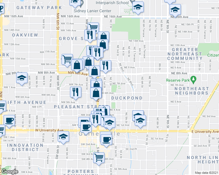 map of restaurants, bars, coffee shops, grocery stores, and more near 703 Northeast 2 Street in Gainesville