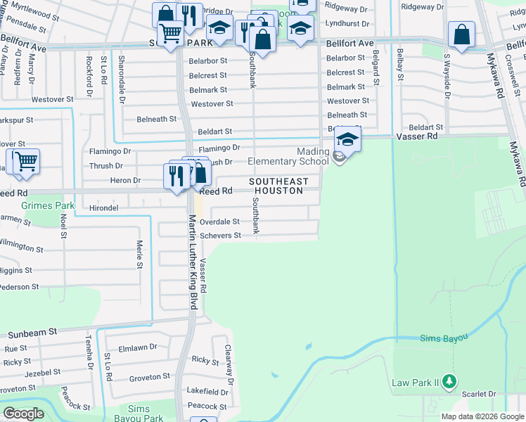 map of restaurants, bars, coffee shops, grocery stores, and more near 5803 Hirondel in Houston