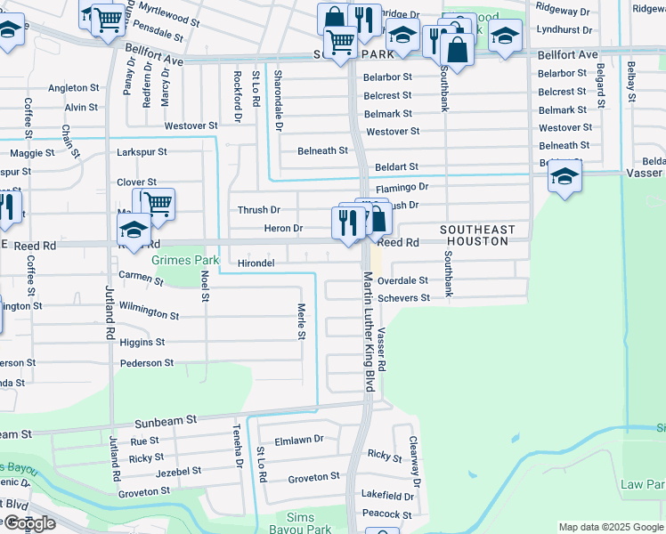 map of restaurants, bars, coffee shops, grocery stores, and more near 8606 Vinearbor Street in Houston