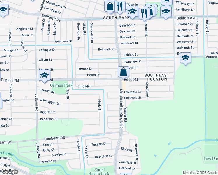map of restaurants, bars, coffee shops, grocery stores, and more near 8606 Vinearbor Street in Houston