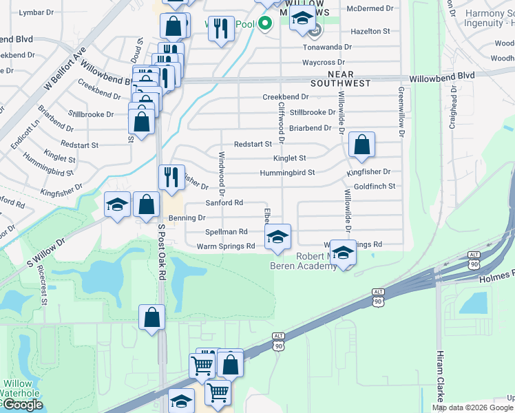 map of restaurants, bars, coffee shops, grocery stores, and more near 4726 Sanford Road in Houston