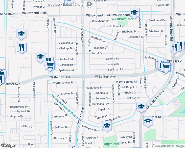 map of restaurants, bars, coffee shops, grocery stores, and more near 5807 Spellman Road in Houston